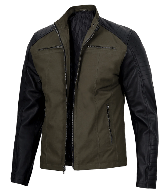 Men's Green Cafe Racer Jacket with Black Leather Sleeves