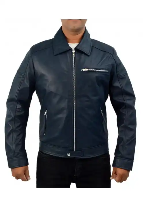 BLUE LEATHER JACKET FOR MEN - ZIPPER JACKET