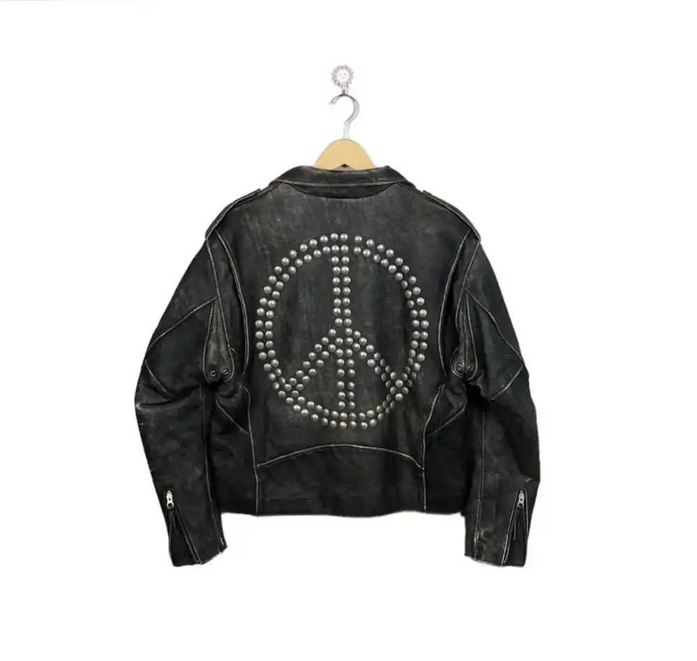 VERY RARE!! Vintage 1992 Moschino Iconic PEACE Studded Punk Double Collar Full Leather Jacket