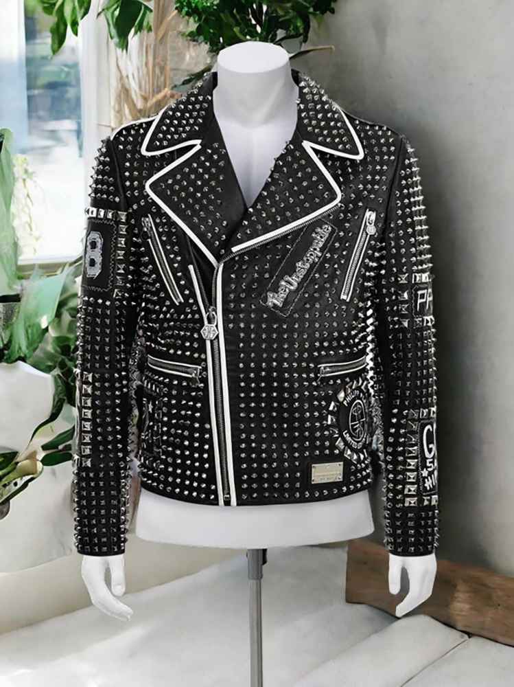 Punk Rock Studded Leather Jacket-Handmade Steampunk Silver Studded Leather Jacket Men- Black Christmas Jacket