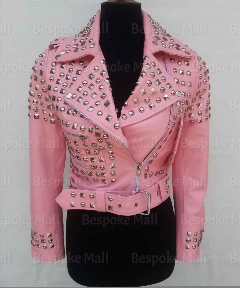 New Handmade Women baby pink Full Silver studded Punk Stylish Elegant Belted Design Cowhide Biker Leather Jacket
